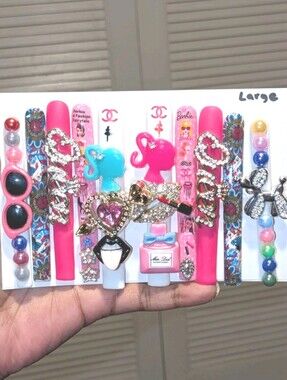 Hand Crafted 6Xl Barbie-Inspired Press-On Nails with Blue and White Accents Sz L